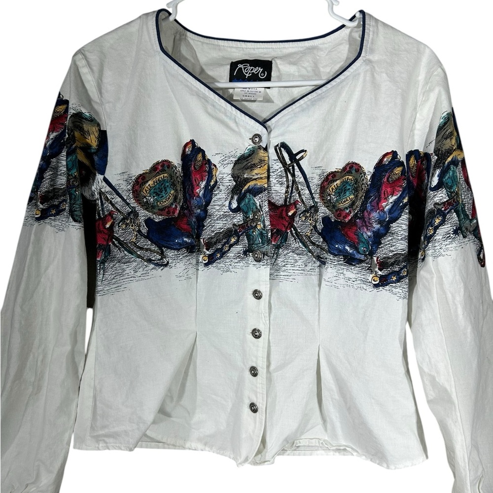 Vintage Roper White and Blue Buttoned Pleated Blouse western country small
